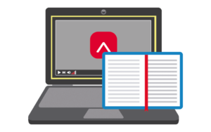 Le logo de Réviseurs Canada apparaît sur l'écran d'un ordinateur portable. Au premier plan se trouve un livre ouvert avec une couverture bleue.