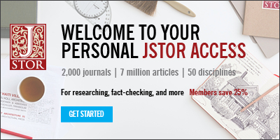 Texte de la bannière de JSTOR : Welcome to your personal JSTOR access. 2,000 journals | 7 million articles | 50 disciplines. Members save 25%.