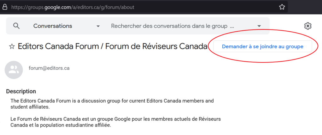 Une capture d'écran de la page d'accueil Google Groupes du Forum de Réviseurs Canada montre le bouton « Demander à se joindre au groupe » entouré en rouge