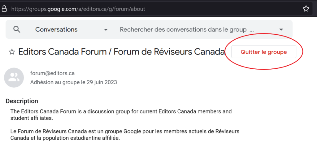 Une capture d'écran de la page d'accueil Google Groupes du Forum de Réviseurs Canada montre le bouton "Quitter le groupe" entouré en rouge