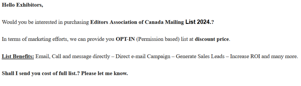 La capture d'écran d'une offre frauduleuse de liste d'adresses de courriel. L'expéditeur prétend avoir à vendre une liste d'envoi de 2024 de Réviseurs Canada à un prix réduit.v