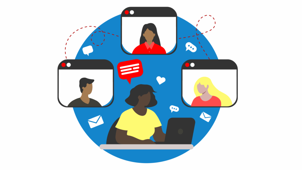 Une personne est assise devant un ordinateur portable lors d'une conférence en ligne avec trois autres personnes. Un grand cercle bleu apparaît en arrière-plan, ainsi que des bulles de dialogue et des enveloppes indiquant un concept de communication globale.