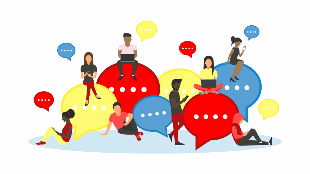 Huit personnes lisent leurs propres ordinateurs portables et appareils mobiles. La scène est décorée de grandes bulles de dialogue colorées.
