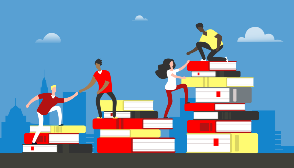 Des personnes miniaturisées s'entraident pour grimper sur des piles de livres